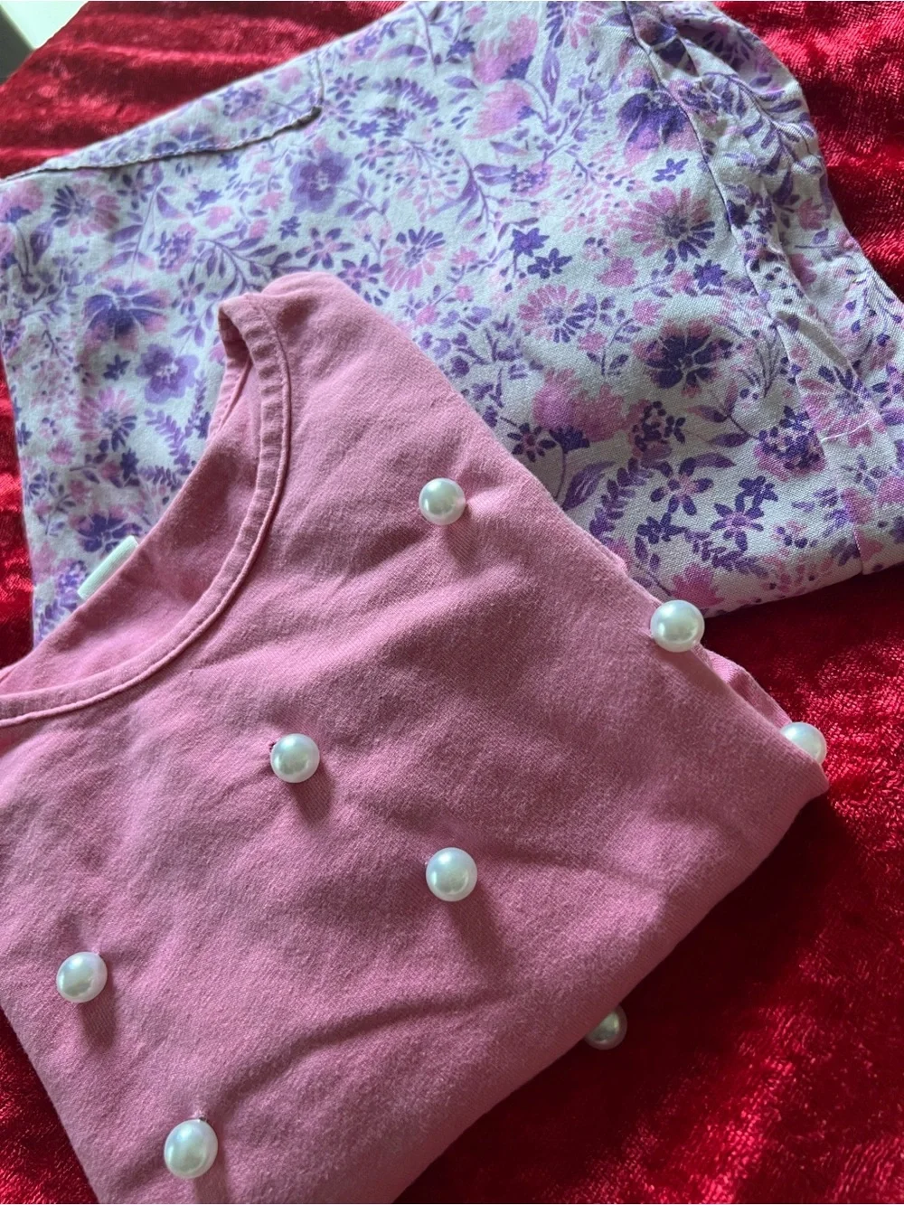 btween Pink Pearl-Embellished Knot Top with Lavender Floral Pajama Pants